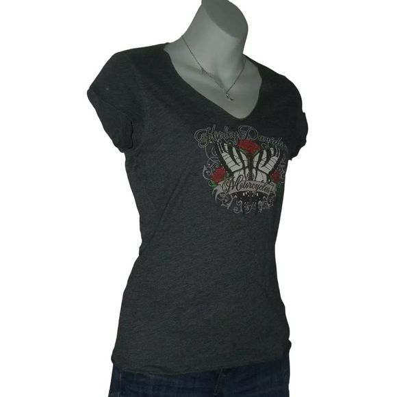 Almost Vintage Harley-Davidson Shirt Butterfly Rhinestone y2k Baby Tee Gray 2007 - Picture 2 of 12